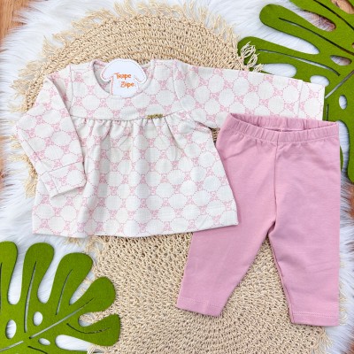 Conj. Batinha Manga Longa Ursinhos e Calça Legging - Areia e Rose